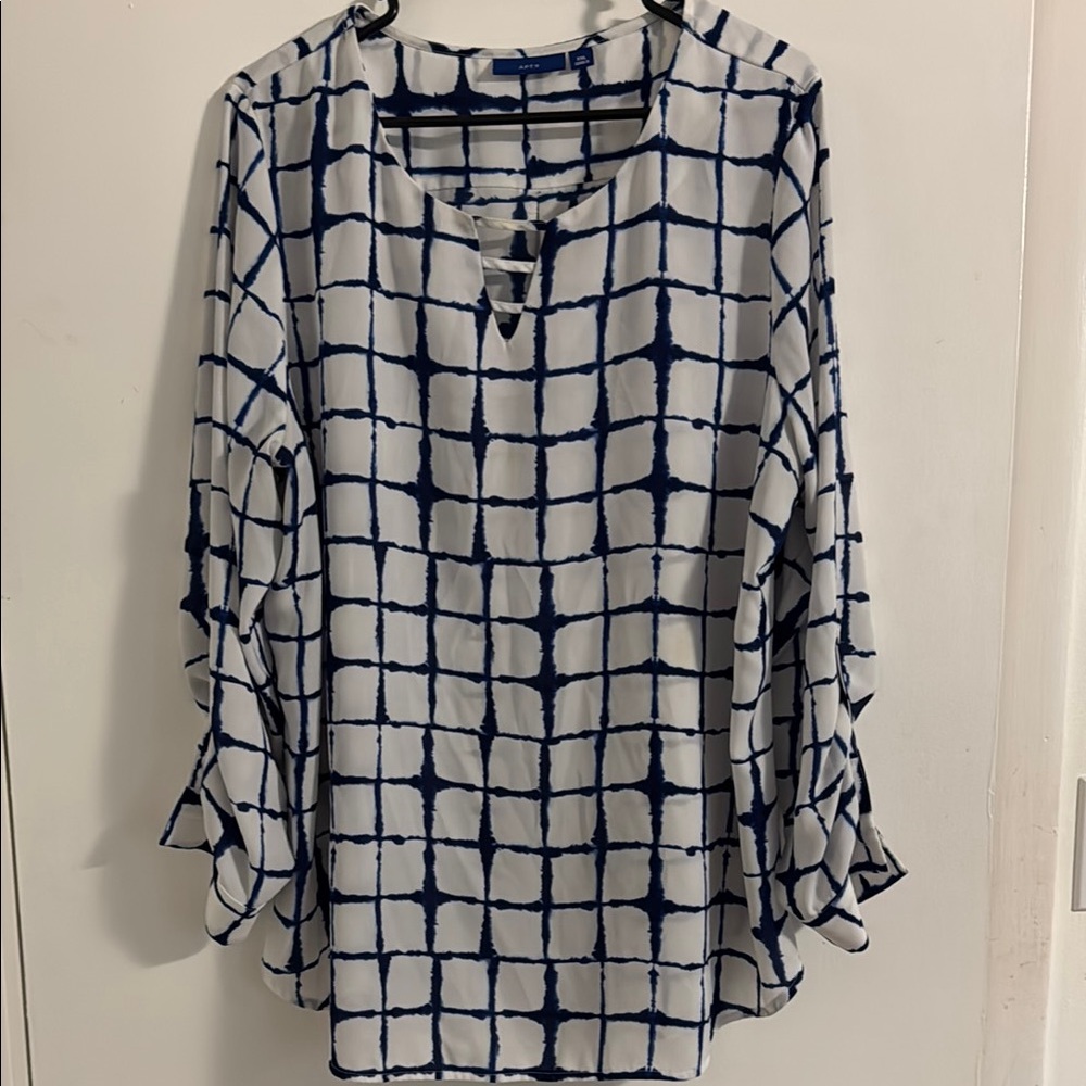 Apt. 9 Blue and White Ruffled Mandarin Collar Blouse